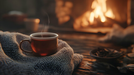 A steaming cup of tea rests on a knitted blanket in front of a cozy fireplace.
