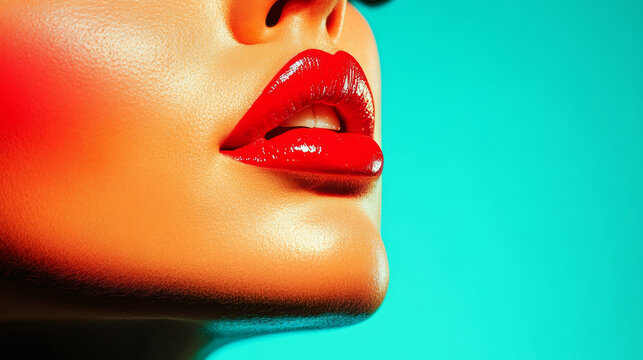 A close up of glossy red lips against vibrant turquoise background, showcasing striking contrast that evokes sense of boldness and allure. smooth texture and shine of lips enhance overall aesthetic ap