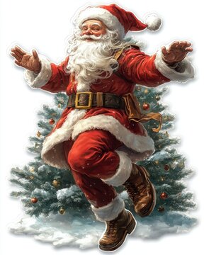 A sticker of Santa Claus moonwalking in front of a Christmas tree, isolated on white background 