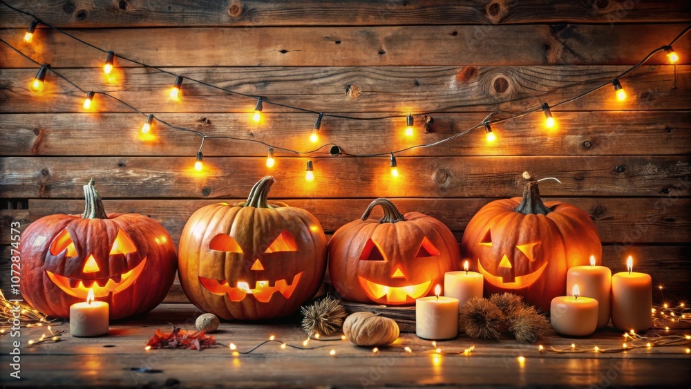 Poster Smiling Jack-O-Lanterns Glowing with Candlelight on a Rustic Wooden Background Adorned with Twinkling Fairy Lights