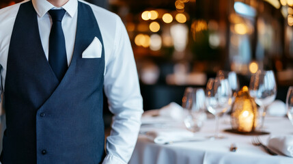A well dressed waiter stands confidently in fine dining restaurant, showcasing elegance and professionalism amidst beautifully set table. warm ambiance enhances dining experience