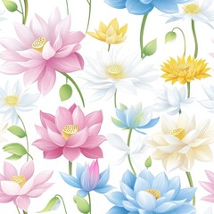 Beautiful and Colorful Floral Pattern Featuring Various Lotus Flowers in Different Shades Against a Soft White Background for Creative Design Projects