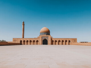 Fototapeta premium A historic brick mosque with a grand dome and minaret under a clear blue sky in an ancient city