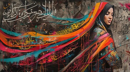 Obraz premium Abstract art with a woman in a headscarf, colorful swirls and Arabic calligraphy.