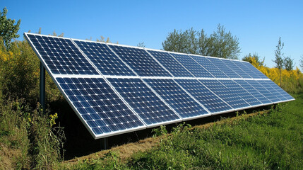 Solar panels on green field under clear blue sky