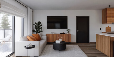 Modern living room with minimalist design and cozy decor in a bright apartment setting