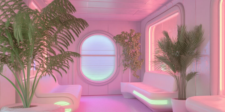 A modern interior featuring soft pink lighting, lush green plants, and sleek white furniture creates serene and inviting atmosphere. circular window adds unique touch to this stylish space