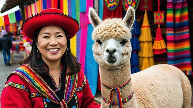 A smiling woman in traditional attire with an alpaca amid colorful market surroundings.