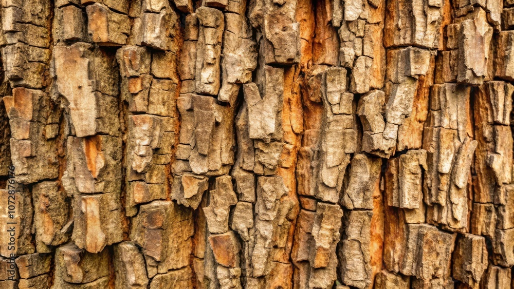 Poster close-up view of rough, cracked bark on a tree trunk, displaying intricate patterns and textured det
