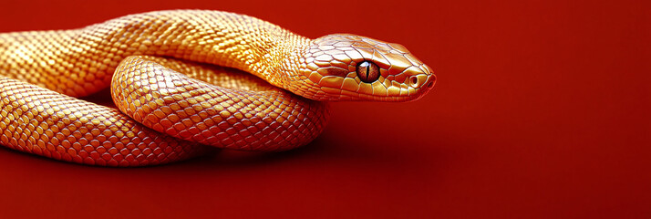 Obraz premium A photorealistic image of a golden snake coiled against a vibrant red backdrop, perfect for Chinese New Year celebrations, especially in 2025, invoking elegance and mystique.