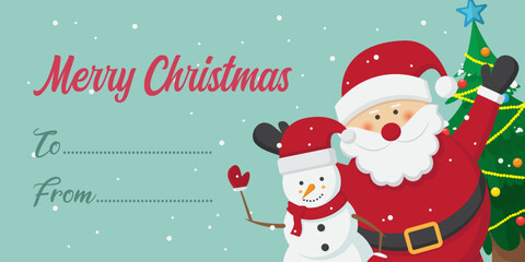 Merry Christmas greeting cards, with santa and snowman, winter landscape, forest. vector illustration in flat style