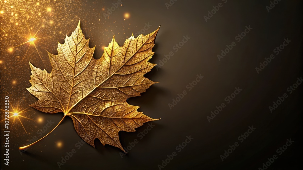 Aufkleber a single golden leaf with intricate veins, illuminated by sparkling light against a dark backdrop.