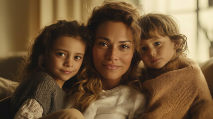 Obraz premium Smiling mother with two children cuddling on couch indoors