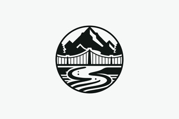 Mountain, bridge, river logo design
