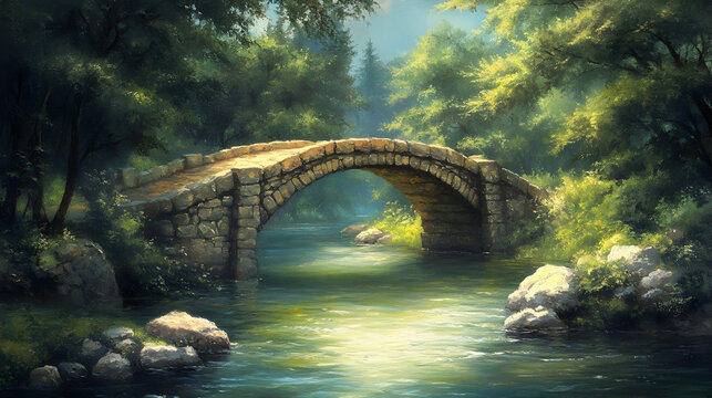 A stone bridge over a river flowing through a lush forest.