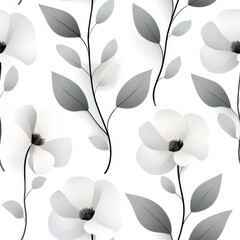 Elegant Floral Pattern with Soft Color Palette Featuring White and Gray Flowers and Leaves on a Clean White Background for Modern Decor and Design Projects