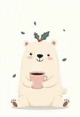 Charming Vector Illustration of a White Bear Holding Coffee Surrounded by Mistletoe and Holly for a Cozy Winter Vibe
