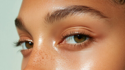 Obraz premium A close up of persons eyes showcasing natural beauty, with focus on skin texture and eye color. image captures serene and captivating expression