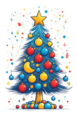 Christmas Tree with Colorful Balls on White Background with Star, Postcard, Banner.