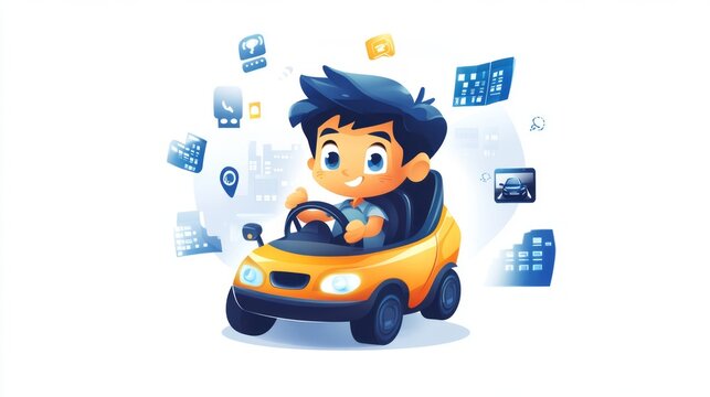A chibi city driving tester sitting in a car simulator, with a steering wheel in hand and traffic icons floating around. The tester looks focused and ready. White background, no text - Powered by Adobe