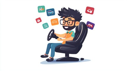 A chibi city driving tester sitting in a car simulator, with a steering wheel in hand and traffic icons floating around. The tester looks focused and ready. White background, no text