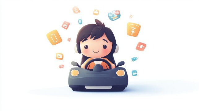 A chibi city driving tester sitting in a car simulator, with a steering wheel in hand and traffic icons floating around. The tester looks focused and ready. White background, no text