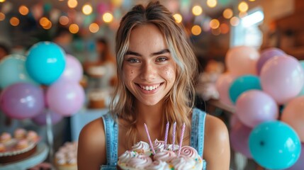 Birthday party with balloons and cake full-body shot, colored background, cheerful and fun atmosphere