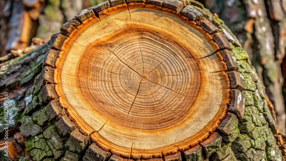 Poster a close-up of a tree trunk's cross-section, revealing intricate growth rings and a textured bark sur