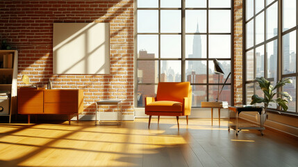 A bright and airy modern living room features large windows with stunning city view, showcasing Empire State Building. warm wooden floor complements stylish orange chair and sleek furniture