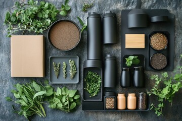 Flat lay of black kitchenware and fresh herbs with spices and other kitchen items on a rustic background.