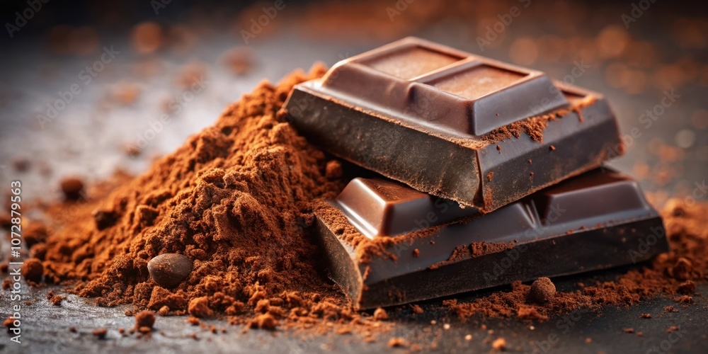 Poster a close-up of dark chocolate squares resting on a bed of rich cocoa powder, inviting a taste of indu
