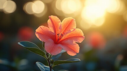 A close-up of a vibrant orange flower illuminated by soft sunlight.