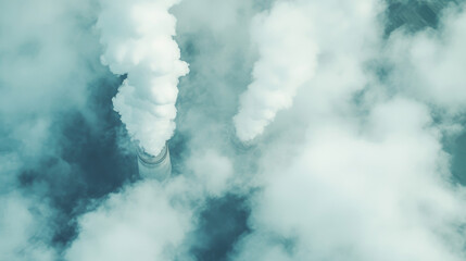 Industrial smoke stacks release white smoke into atmosphere, surrounded by thick clouds. This image captures impact of industrialization on environment, evoking sense of urgency