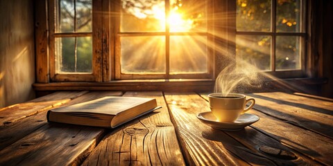 A morning cup of coffee and a book on a rustic wooden table bathed in the golden light of sunrise through a window