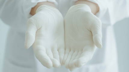 Fototapeta premium Gentle hands wearing white gloves are presented, symbolizing care and cleanliness in clinical or professional setting. image conveys sense of readiness and attention to hygiene