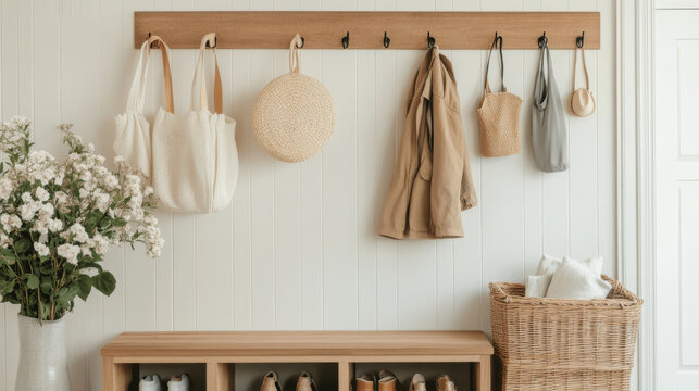 A stylish entryway featuring wooden hook rack with various bags and coat, complemented by decorative basket and vase of flowers. This space exudes warmth and organization