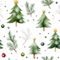 Fototapeta premium Festive Pattern featuring Green Trees, Stars, and Ornaments on a White Background for Holiday and Seasonal Artwork and Design Projects