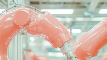 Robotic arms in modern industrial setting showcase advanced automation technology. vibrant orange color adds dynamic touch to manufacturing environment, emphasizing innovation and efficiency