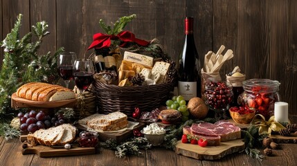 A Christmas gift basket with wine, bread, cheese, fruit, and other gourmet food items.
