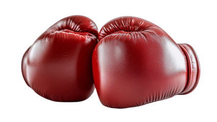 Plush, bright red boxing gloves positioned together, their smooth surface radiating durability and elegance, perfect for the sport of champions, set against a transparent background