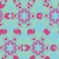This design has a vibrant floral and heart pattern in pink and teal, ideal for textiles or wallpaper