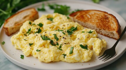 Fluffy Scrambled Eggs with Herbs and Toasted Bread Recipe