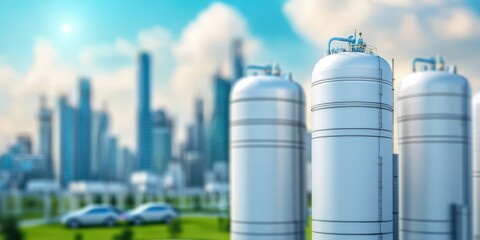Fototapeta premium Industrial storage tanks in a modern cityscape, showcasing technological infrastructure and urban development against a bright, blurred background.