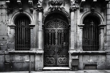 Old wooden door with iron lattice. Black and white photo.