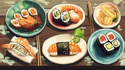 A set of Japanese food on restaurant table