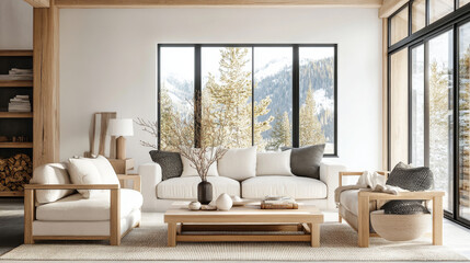 A modern living room featuring cozy sofa set, wooden furniture, and large windows showcasing snowy mountain view. serene atmosphere invites relaxation and comfort