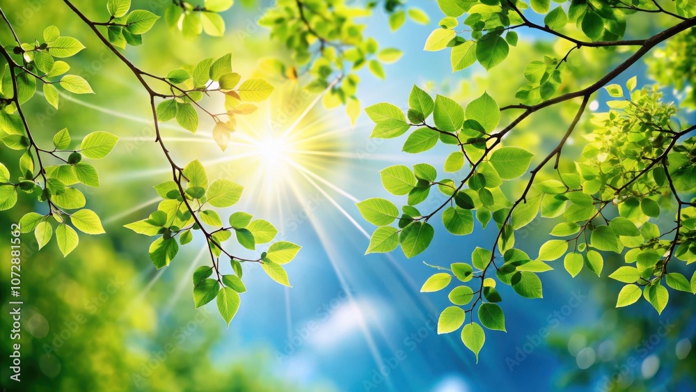 Poster sunlight filtering through a canopy of vibrant green leaves, creating a sunlit scene of nature's bea