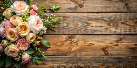 Fototapeta premium A delicate bouquet of pink and white roses rests on a weathered wooden surface, creating a romantic and rustic backdrop