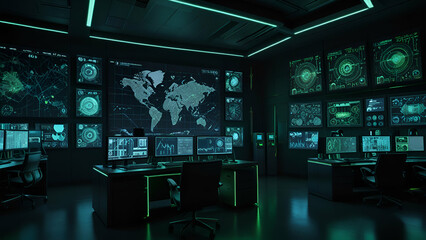 A high-tech control room with large digital screens displaying real-time data streams and analytics in various vibrant colors, showing encrypted data