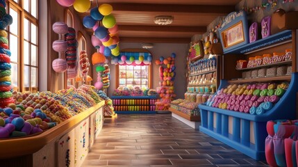 A bright and cheerful candy store with colorful candies, lollipops, and sweets.